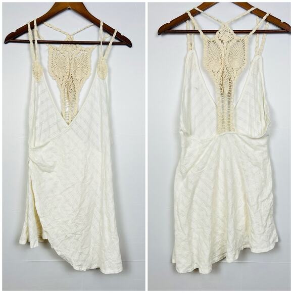 Free People Ivory Crochet Back Wrap Mini Dress / Beach Cover Up Sz S - Picture 1 of 9